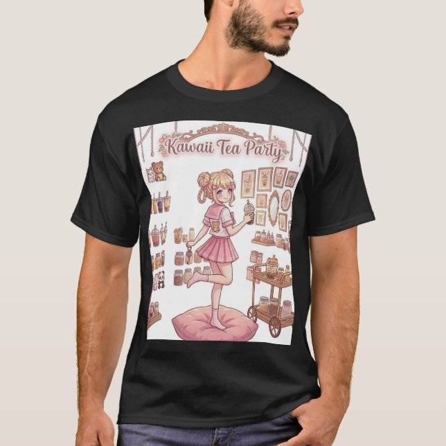 Kawaii Tekaffeparty Rosa Animeflicka Estetik T Shirt (Framsida)