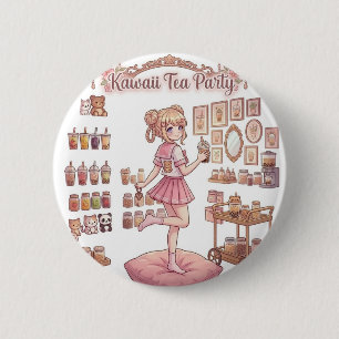 Kawaii Tekajubileum Animeflicka Rosa Födelsedags K Knapp