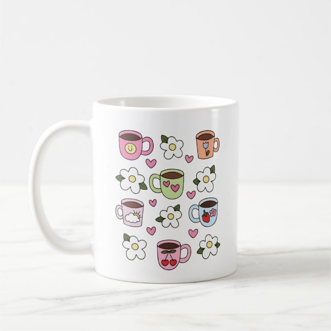 Kawaii tekopp och blommor  kaffemugg (Vänster)