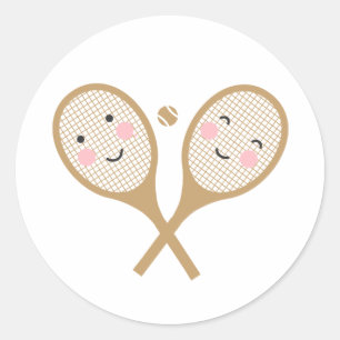 Kawaii Tennis Rackets Lycklig Ansikte Cute Brown Runt Klistermärke