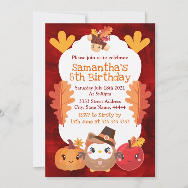 Kawaii Thanksgiving Uggla Pumpkin Apple Birthday Inbjudningar (Framsida)