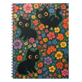 Kawaii Trädgårdskonst | Söt Svart Katt Blommig Mön Anteckningsbok