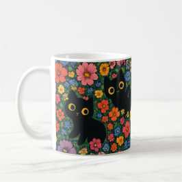 Kawaii Trädgårdskonst | Söt Svart Katt Blommig Mön Kaffemugg