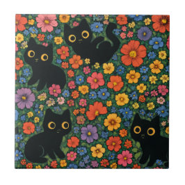 Kawaii Trädgårdskonst | Söt Svart Katt Blommig Mön Kakelplatta