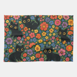 Kawaii Trädgårdskonst | Söt Svart Katt Blommig Mön Kökshandduk