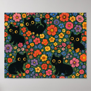 Kawaii Trädgårdskonst Söt Svart Katt Blommig Mön Poster