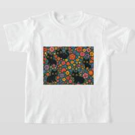 Kawaii Trädgårdskonst | Söt Svart Katt Blommig Mön T Shirt