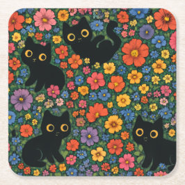 Kawaii Trädgårdskonst | Söt Svart Katt Blommig Mön Underlägg Papper Kvadrat