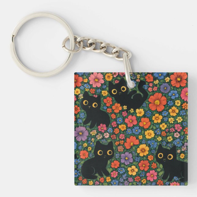 Kawaii Trädgårdskonst | Söt Svart Katt Blommönster (Framsidan)