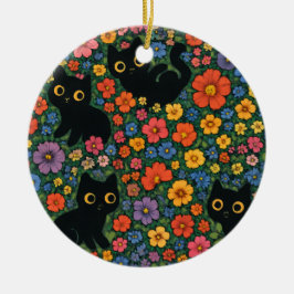 Kawaii Trädgårdskonst | Söt Svart Katt Blommönster Julgransprydnad Keramik