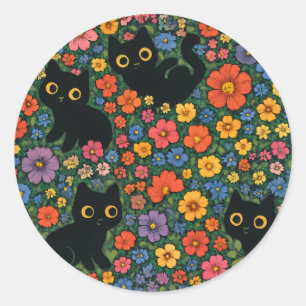 Kawaii Trädgårdskonst Söt Svart Katt Blommönster Runt Klistermärke