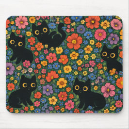 Kawaii Trädgårdskonst – Sött Svart Katt Blommönste Musmatta