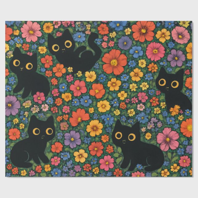 Kawaii Trädgårdskonst – Sött Svart Katt Blommönste Presentpapper (Platt)