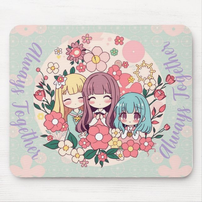 Kawaii Trio - Cute Anime Girls & Blommigt Vibes Musmatta (Framsidan)