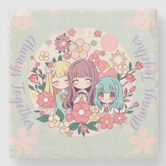 Kawaii Trio - Cute Anime Girls & Blommigt Vibes Stenunderlägg (Framsidan)