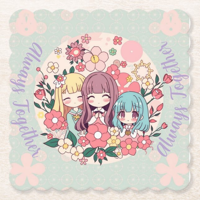 Kawaii Trio - Cute Anime Girls & Blommigt Vibes Underlägg Papper (Framsida)