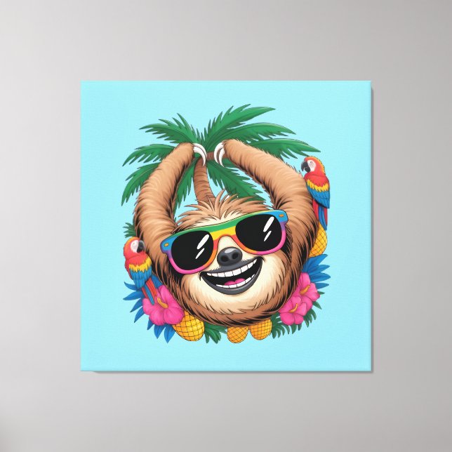 Kawaii Tropical Sloth – Cute Summer Vibes Rainbow  Canvastryck (Framsida)