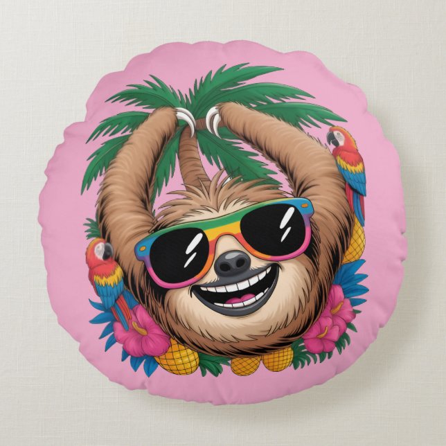 Kawaii Tropical Sloth – Cute Summer Vibes Rainbow  Rund Kudde (Framsidan)