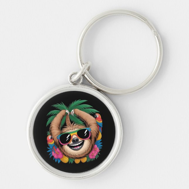 Kawaii Tropical Sloth – Cute Summer Vibes Rainbow  Rund Silverfärgad Nyckelring (Framsidan)