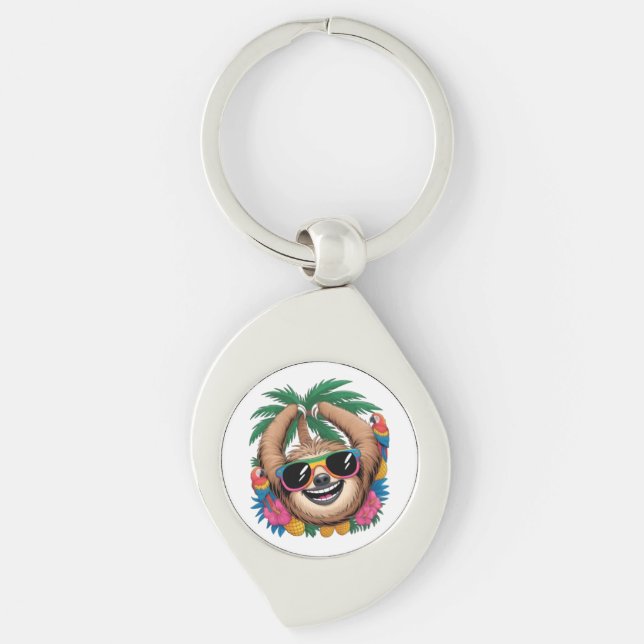 Kawaii Tropical Sloth – Cute Summer Vibes Rainbow  Swirl Silverfärgad Nyckelring (Framsidan)