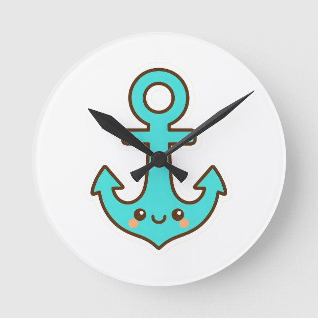 Kawaii Turcouise Anchor - Whimsical & Cheerful Rund Klocka (Framsida)