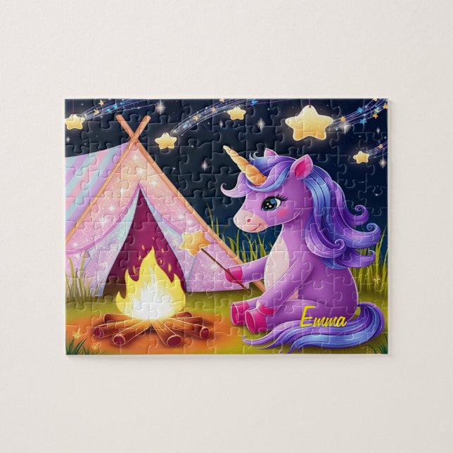 Kawaii Unicorn Camping Under Starry Sky Pussel (Horisontell)