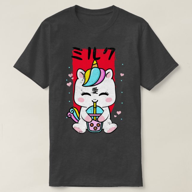 Kawaii Unicorn Drinking Strawberry Mjölk Bubble Te T Shirt (Design framsida)