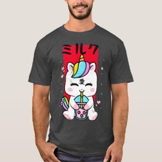 Kawaii Unicorn Drinking Strawberry Mjölk Bubble Te T Shirt