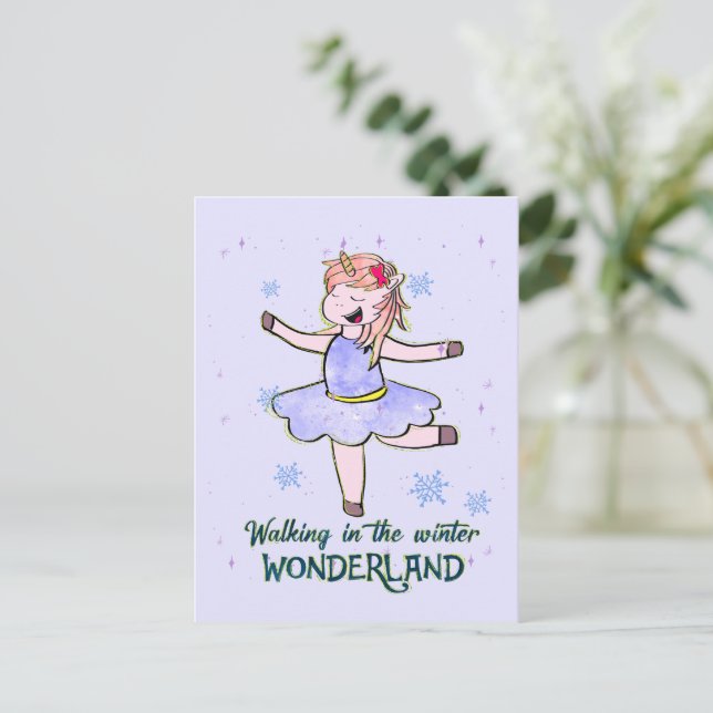 Kawaii Unicorn | Gå under vinter Vykort (Stående Fram)