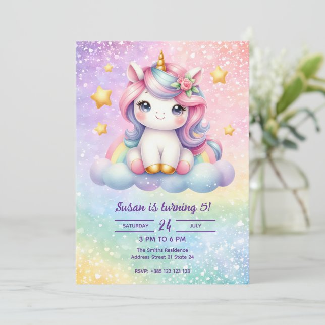 Kawaii Unicorn Girl's Födelsedagsfest inbjudan (Stående Fram)