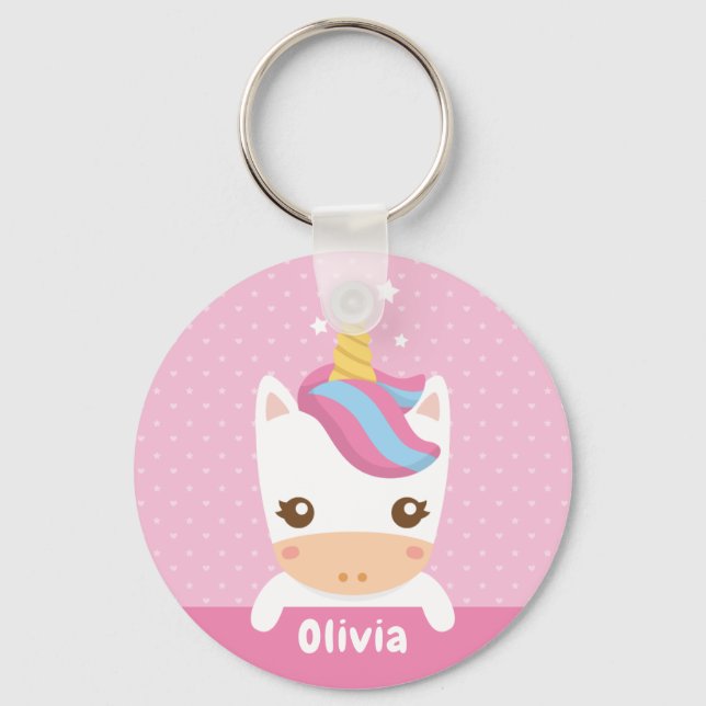Kawaii Unicorn Girls Rosa Personlig Keychain Nyckelring (Framsida)