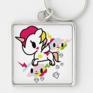 Kawaii Unicorn Keychain Fyrkantig Silverfärgad Nyckelring