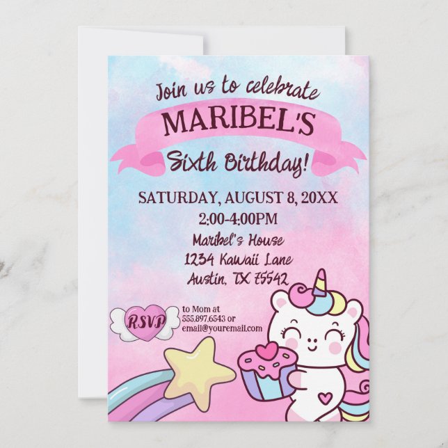 Kawaii Unicorn Rainbow Rosa Blue Birthday Inbjudningar (Framsida)
