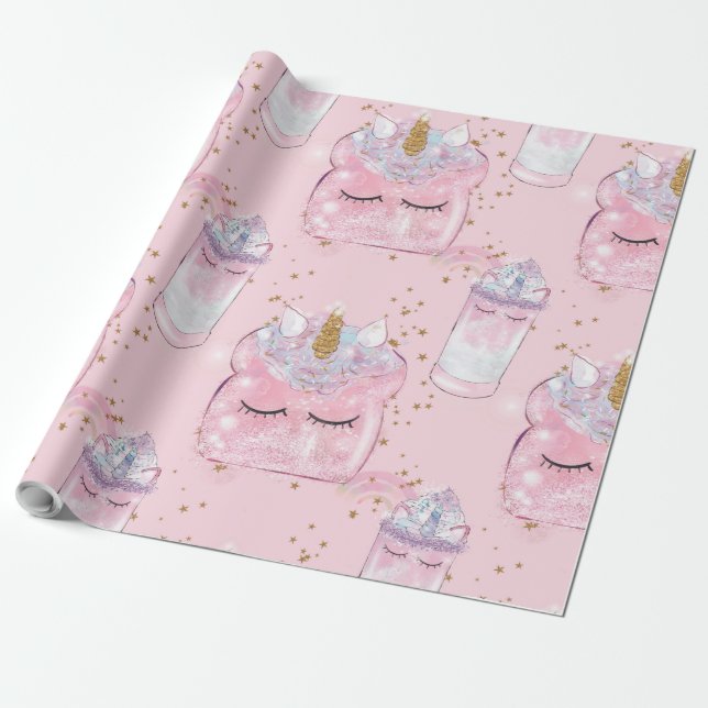 Kawaii Unicorn Toast & Milkshake - Pastel Presentpapper (Utrullad)