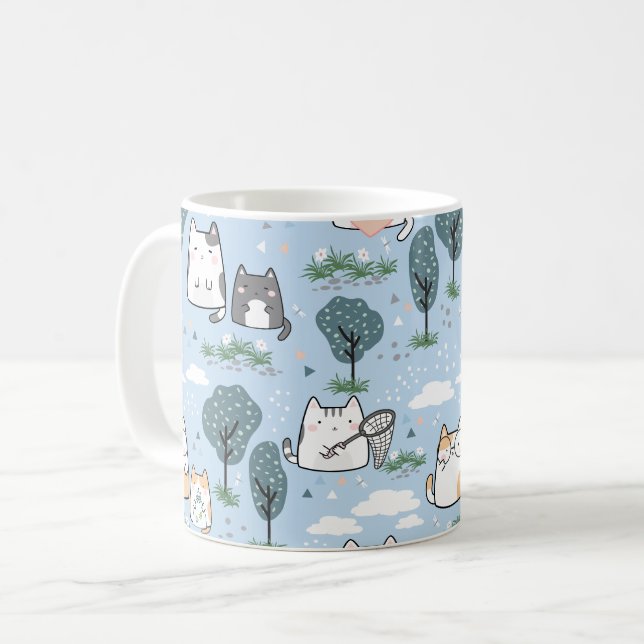 Kawaii Vår Cats Nature Mönster Kaffemugg (Framsida vänster)