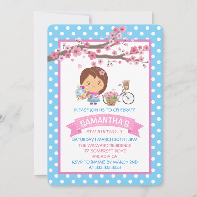 Kawaii vår körsbärsblommor flicka födelsedagsfest inbjudningar (Framsida)