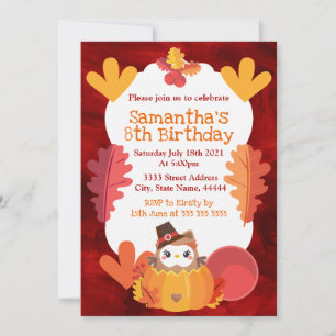 Kawaii Vattenfärg Thanksgiving-uggla födelsedag Inbjudningar