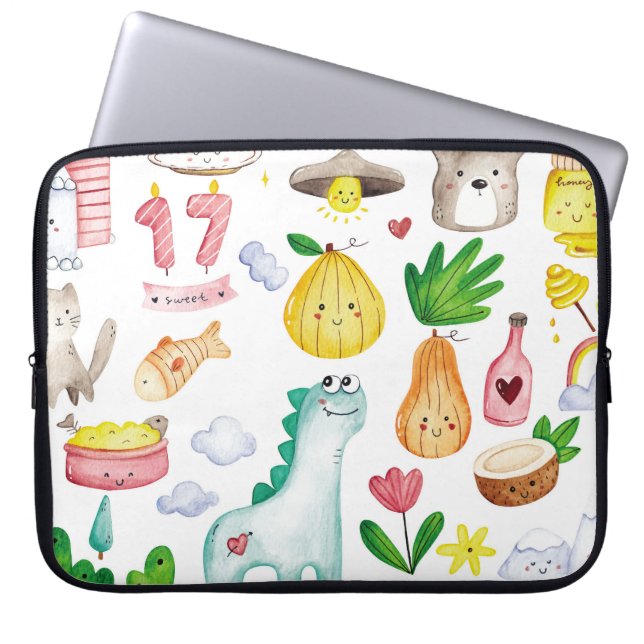 Kawaii vattenfärgsdoodlar, dekal redo. laptop fodral (Framsidan)