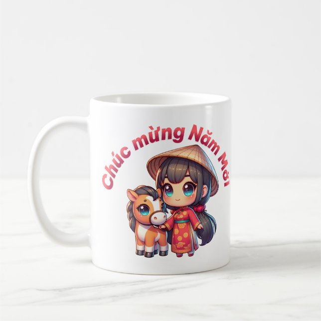 Kawaii Vietnamese New Year Girl & Horse Kaffemugg (Vänster)