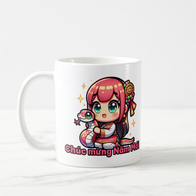 Kawaii Vietnamese New Year Girl & Snake Kaffemugg (Vänster)