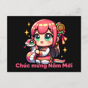Kawaii Vietnamese New Year Girl & Snake Vykort