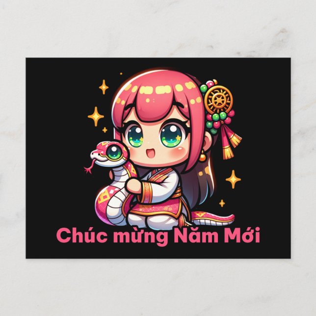 Kawaii Vietnamese New Year Girl & Snake Vykort (Framsida)