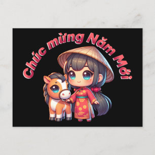Kawaii vietnamesisk nyårsflicka & häst vykort
