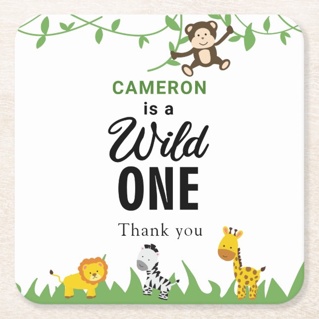 Kawaii Vild Ett födelsedag Safari Jungle Animals Underlägg Papper Kvadrat (Framsidan)