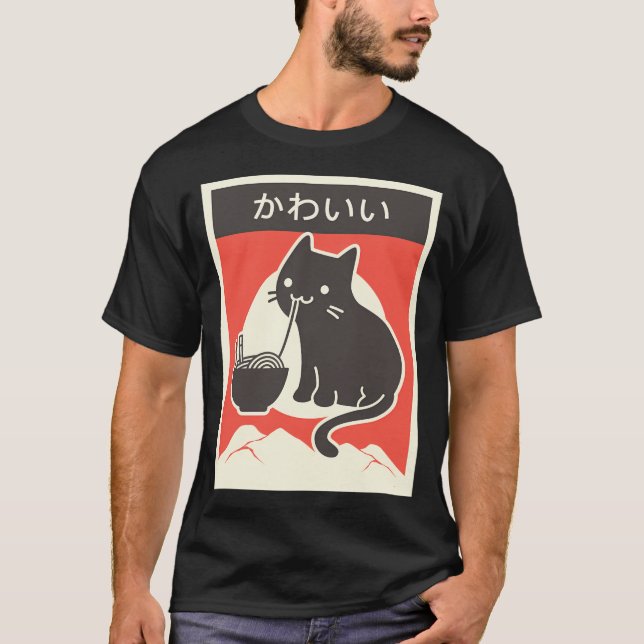 Kawaii Vintage Stil Japenese Ramen Cat T Shirt (Framsida)