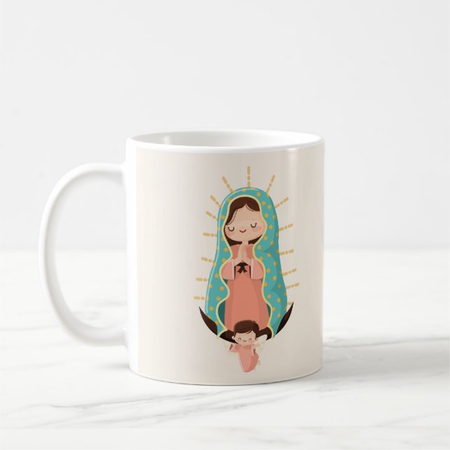 Kawaii Virgin of Guadalupe with angel and prayer Kaffemugg (Vänster)