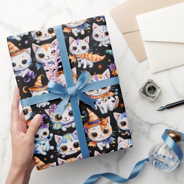 Kawaii Watercolor Halloween Häx Katter Presentpapper (Gifting)