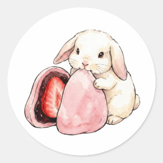 Kawaii Watercolor Kanin som äter Strawberry Mochi Runt Klistermärke