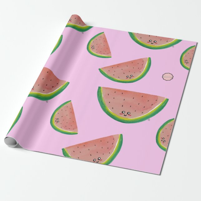 Kawaii Watercolor Watermelon Presentpapper (Utrullad)