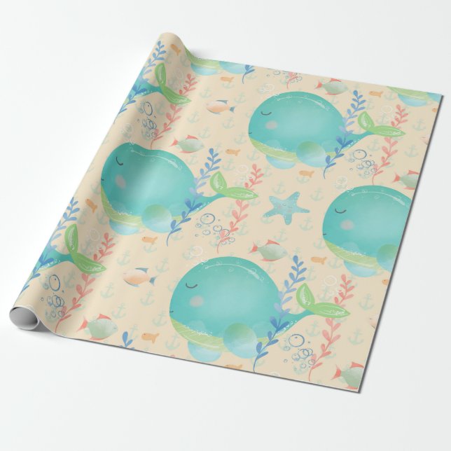 Kawaii Whale under Sea Baby Shower Mönster Presentpapper (Utrullad)